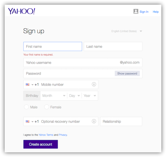 米Yahoo!のアカウント作成